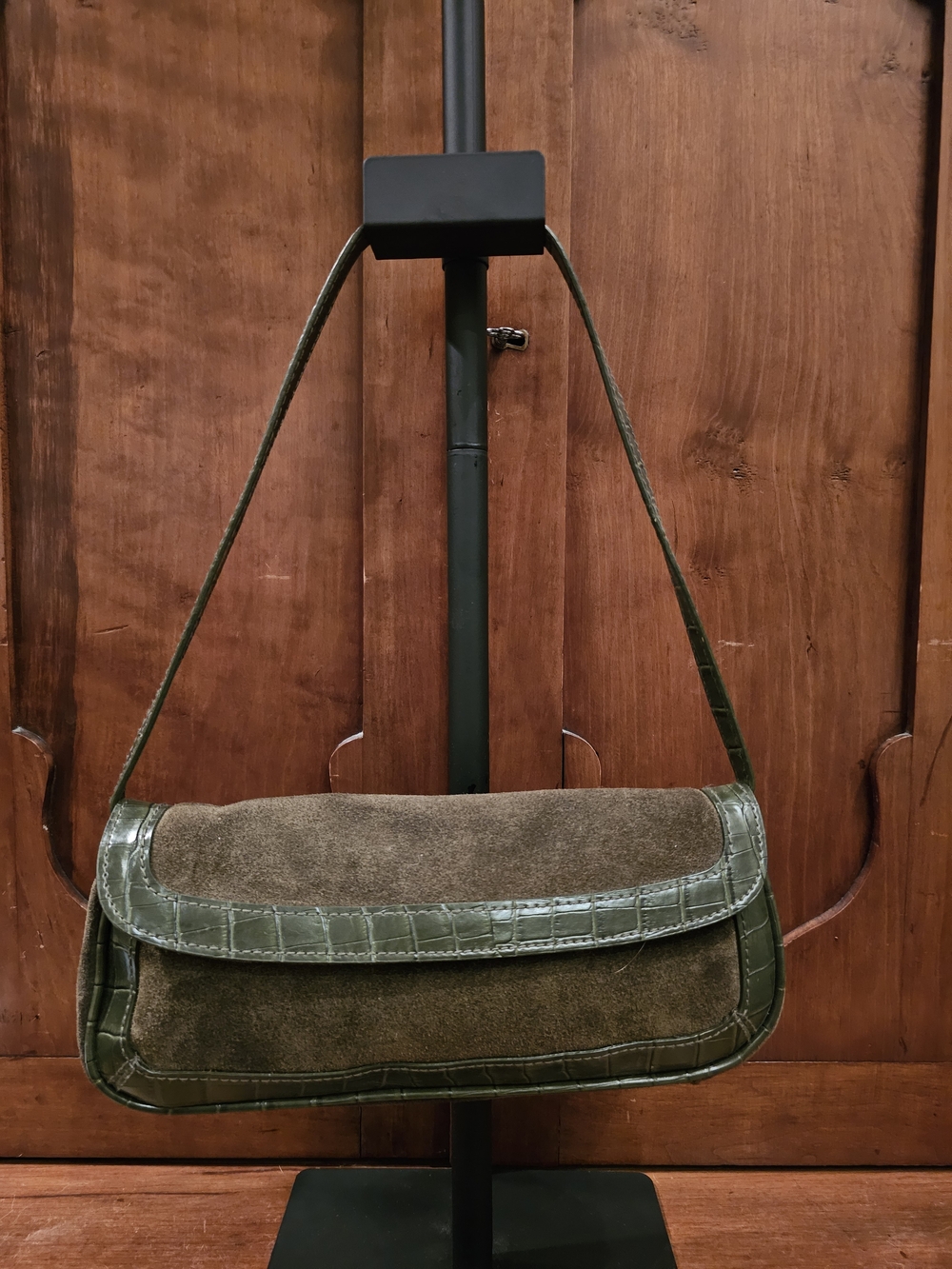 Vintage Y2K Olive Suede & Croc-Trim Shoulder Bag